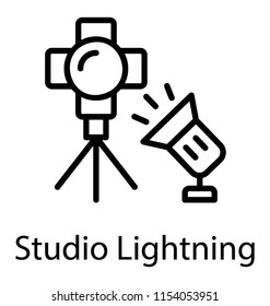 
On a stand lense is placed and heavy bulb lightning it, studio light icon
