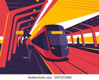 En una plataforma de la estación. Ilustración vectorial sobre el tema del tren, el tranvía, el subterráneo.