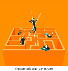 On stilts goes through the maze. Vector illustration