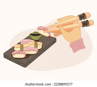  Sushi on a stone board with sauce. A hand holds sushi roll sticks. Eating Asian food with chopsticks. Vector appetizing illustration