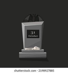 On the stone grave there is a tablet of October 31, a gray bat sits at the top, a part of the skeleton s hand lies at the bottom. Vector illustration on the holiday Halloween theme. holiday banner