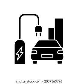 On street residential EV charging black glyph icon. Charging stations for electromobiles on streets. Place to charge car battery. Silhouette symbol on white space. Vector isolated illustration