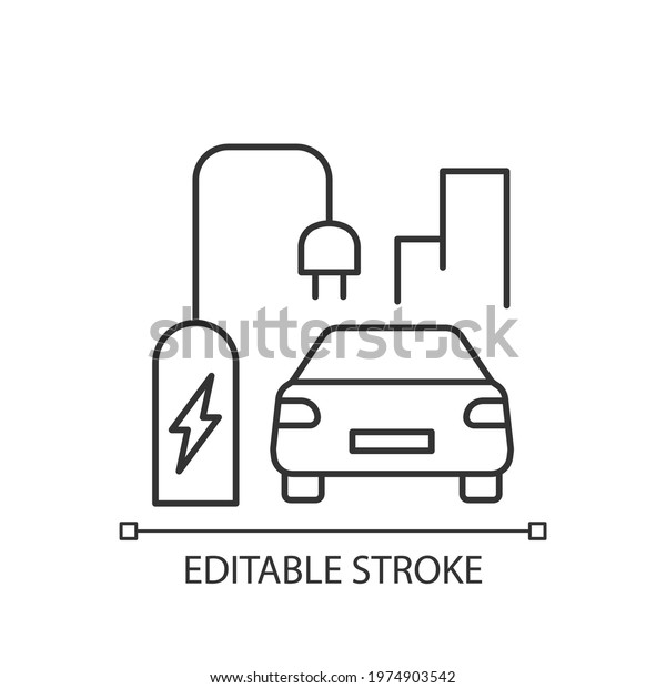 On street residential EV charging linear icon.
Charging stations for electromobiles on streets. Thin line
customizable illustration. Contour symbol. Vector isolated outline
drawing. Editable stroke