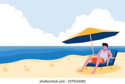 On a summer vacation, a young man lounged comfortably on a beach chair by the blue sea under large umbrella to block the sunlight on the fine sand in a beautiful sky with big cloudy day.