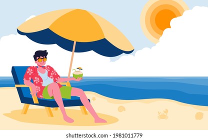 On a summer vacation, a young man lounged comfortably on a beach chair by the blue sea under large umbrella to block the sunlight on the fine sand in a beautiful sky with big cloudy day.