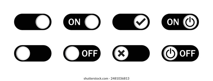 On, of switch button icon set. On, Off vector icon set in black color. Switch toggle buttons on off. Vector isolated web elements. Mobile app interface switch buttons and icon. vector illustration.