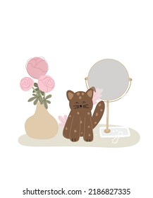 On the table is a brown cat, a vase of peonies, a mirror. Vector illustration in cartoon style for sticker, print, poster, card