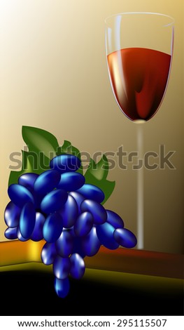 On the table a glass of wine and a bunch of grapes