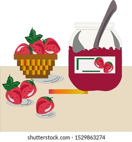on the table is a jar of strawberry jam and a brown basket with fresh sweet strawberries