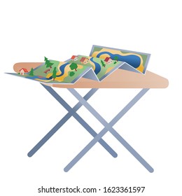 on the table lies a partially unfolded map for a trip on which a house, plants, river, an isolated object on a white background are depicted,