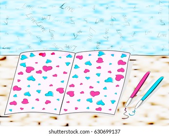 On the table is a notebook with hand-drawn hearts. Nearby lay the pink and blue pens.