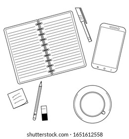 On the table are a notebook, pen, pencil, eraser, phone, stickers. The concept of freelance, work, office. Linear symbols isolated on white background. Vector image.