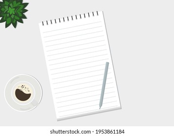 On the table is a notebook with a pencil, a cup of coffee and a green plant. View from above. Vector drawing