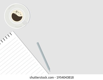 On the table is a notebook with a pencil and a cup of coffee. View from above. Vector drawing