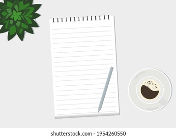 On the table is a notebook with a pencil, a cup of coffee and a green plant. View from above. Vector drawing
