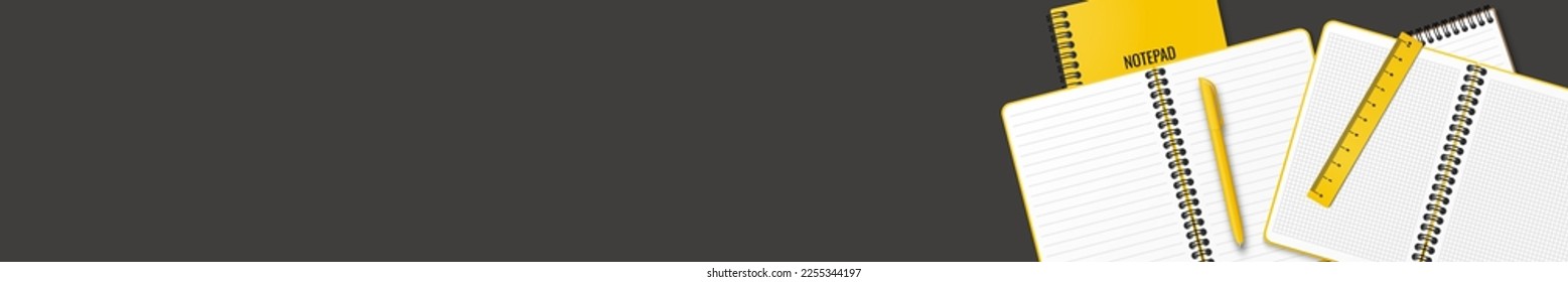 On the table are open and closed notebooks or notepad, a pen and a ruler arranged randomly. Illustration on a black background. Place for your text. Flat lay. Copy space. Back to school concept.