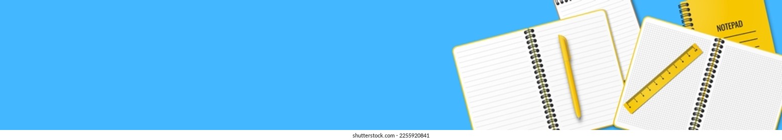 On the table are open and closed notebooks or notepad, a pen and a ruler arranged randomly. Illustration on a blue background. Place for your text. Flat lay. Copy space. Back to school concept.