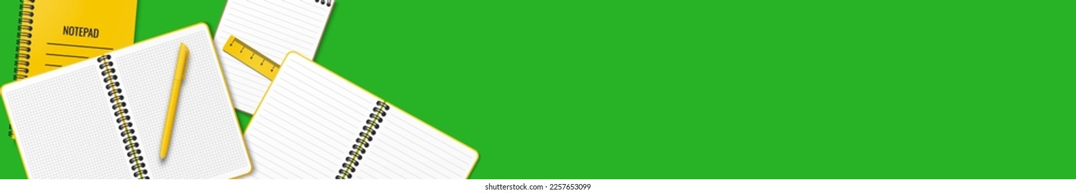 On the table are open and closed notebooks or notepad, a pen and a ruler arranged randomly. Illustration on a green background. Place for your text. Flat lay. Copy space. Back to school concept.