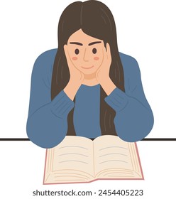 On The Table Reading Book Relax Woman Student Character Illustration Graphic Cartoon Art