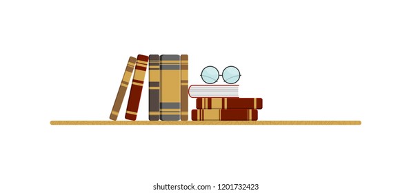 On the table top is a stack of books and glasses