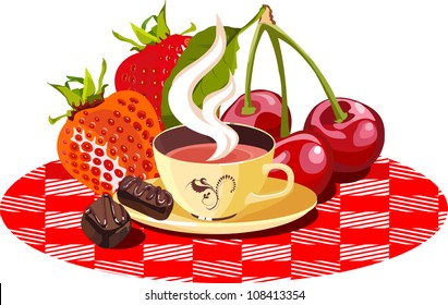 on the tablecloth in the box is a mug with hot tea the background fruit, and sweets