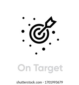 Auf Ziel Symbol. Bearbeitbarer Zeilenvektor. Das Symbol ist ein runder Zweck in der Mitte des Pfeils und um die Punkte herum. Einmaliges Piktogramm.
