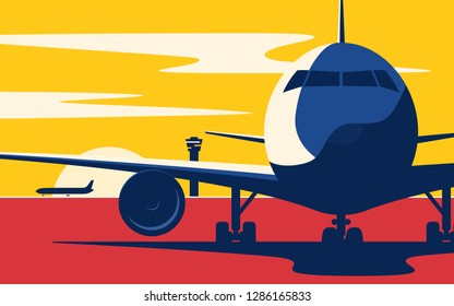 On a taxiway. Flat style vector illustration of the airliner at sunset at the airport.
