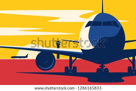 On a taxiway. Flat style vector illustration of the airliner at sunset at the airport.