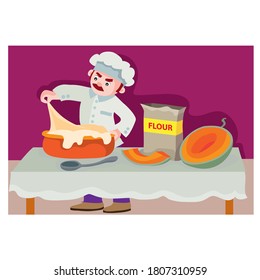 on thanksgiving day the chef prepares a pumpkin pie, there is flour and pumpkin on the table, cartoon illustration, vector, eps