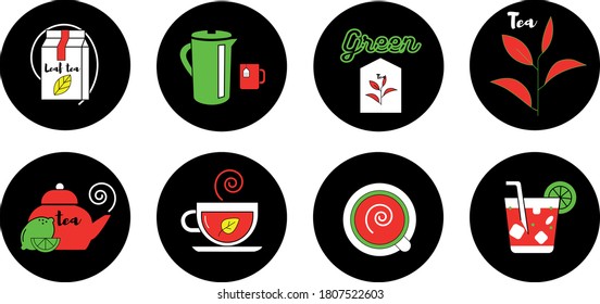 En estos íconos en imágenes vectoriales de té, té con lima, té con leche