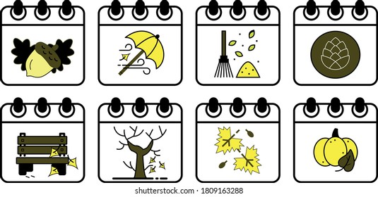 En estos iconos en gráficos vectoriales hay una imagen del otoño en forma de calendario