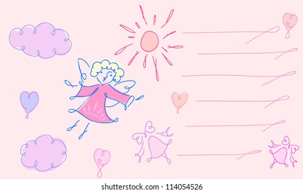 On this greeting card is: angel, sun, hearts and bell