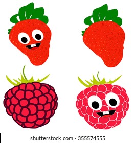 On this picture is cartoon raspberry and strawberry with laugh and big eyes.