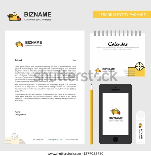 On time delivery Business\
Letterhead, Calendar 2019 and Mobile app design vector\
template