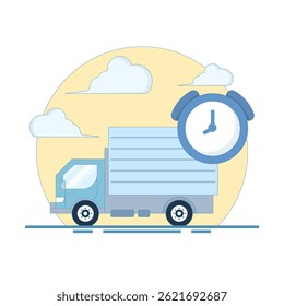 On Time Delivery Concept. Truck with Clock. Fast Delivery. Fast and safe delivery. Parcel delivery with fast response. Vector Illustration Design on background.