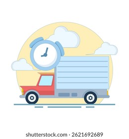 On Time Delivery Concept. Truck with Clock. Fast Delivery. Fast and safe delivery. Parcel delivery with fast response. Vector Illustration Design on background.