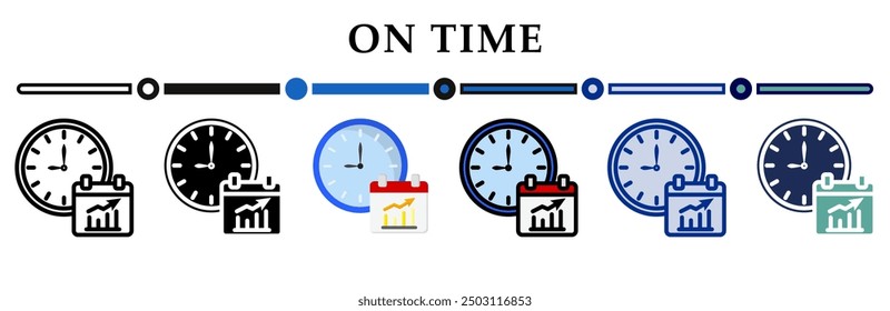 On time icon collection. 6 Various style icons. For sign, symbol, element, presentation, infographic or web graphics. Vector Illustration.