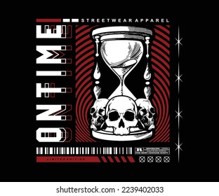 on time slogan with sand glass vector illustration on black background for streetwear and urban style t-shirts design, hoodies, etc.