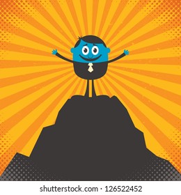 On Top: Conceptual illustration for success, depicting character on top of mountain.