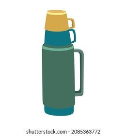 On top of that, there is a green and blue thermos, on top of which there are 2 plastic cups vector illustration