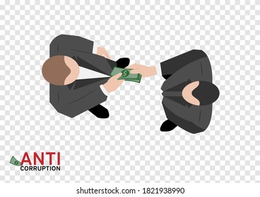 on top view of two business man giving or paying money to make corruption deal vector isolated on transparency background