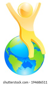 On top of world concept,  a cute happy mascot sitting on globe with arms raised