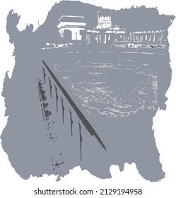 On a torn sheet of gray paper, a sketch of an ancient building, a canal, water
