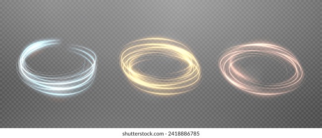 On a transparent background is a beautiful and colourful lighting effect created by neon lights, lines and flashes. Glowing gold and white speed lines png.