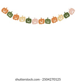 On a transparent background. Cute Jack O Lantern pumpkin garland for Halloween. Simple banner hanging at a party, stylish vector decor element.