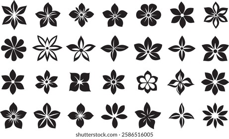 Flower icons set isolated on transparent background. Floral leaf sign and garden collection blossom decorative style.Black color flower shape icon collection
