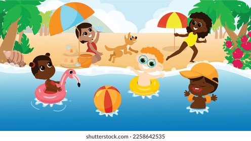 On a tropical beach, a multicultural group of children play and swim in swimming circles. Cute kids and sea beach in cartoon style. Horizontal banner.
