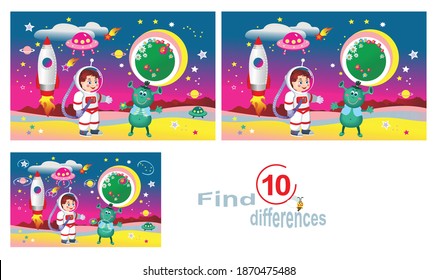 On an unknown planet, an alien and an astronaut met. Find 10 differences. Children's educational game.