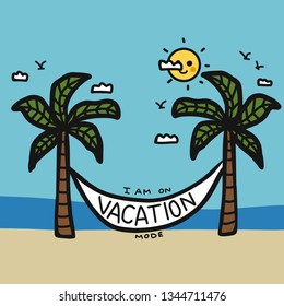 I am on vacation monde word and beach hammock handing between palm tree cartoon