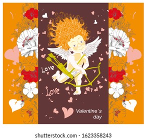 On the Valentine's day card, a Cupid with a bow and arrows, poppies and hearts on each side.